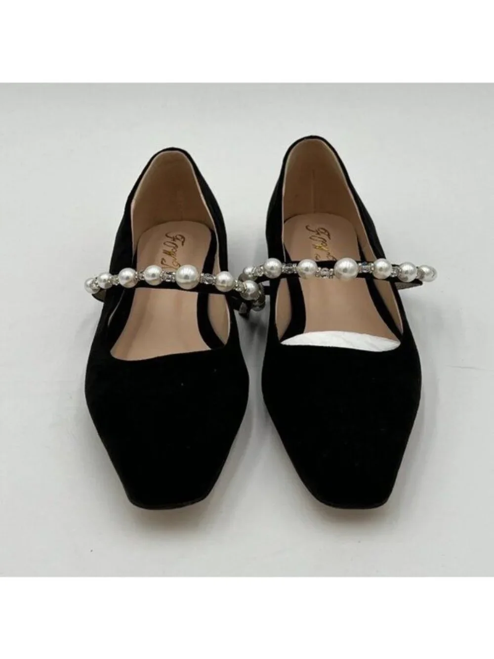 FOWT Black Square Toe Slip on Flats Pearl Studded Strap Pumps Wedding Shoes
